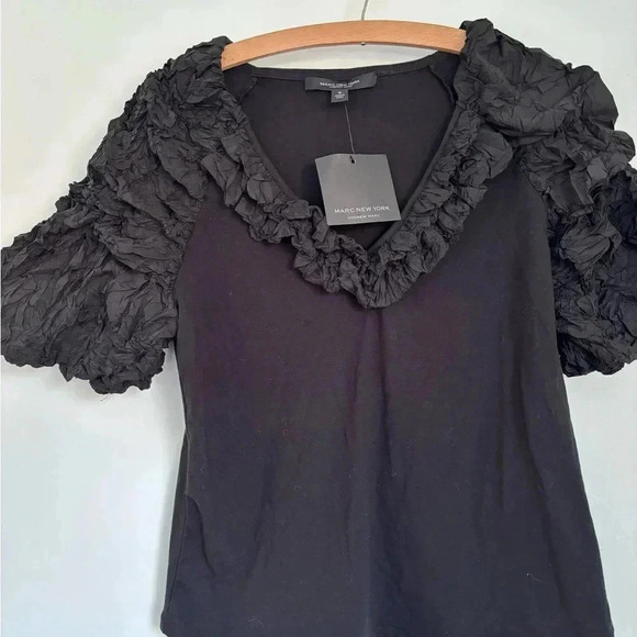 Marc New York, Andrew Marc, V Neck Black Blouse with Ruffled Neck and Sleeves - Picture 6 of 6